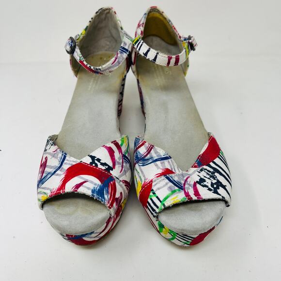 Toms Wedge Heel Peep Toe Pumps Abstract Fabric Print - 9 - Picture 3 of 7